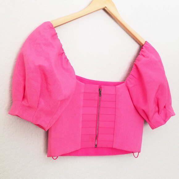 Alice + Olivia Joslyn Puff Sleeve Cropped Top in Wild Pink Size 4 Barbie $295 - Picture 7 of 16